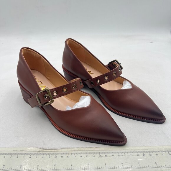 YDN Brown Ankle Strap Pointed Toe Mary Jane Chunky Heels Loafers Buckle Pumps - Picture 4 of 8